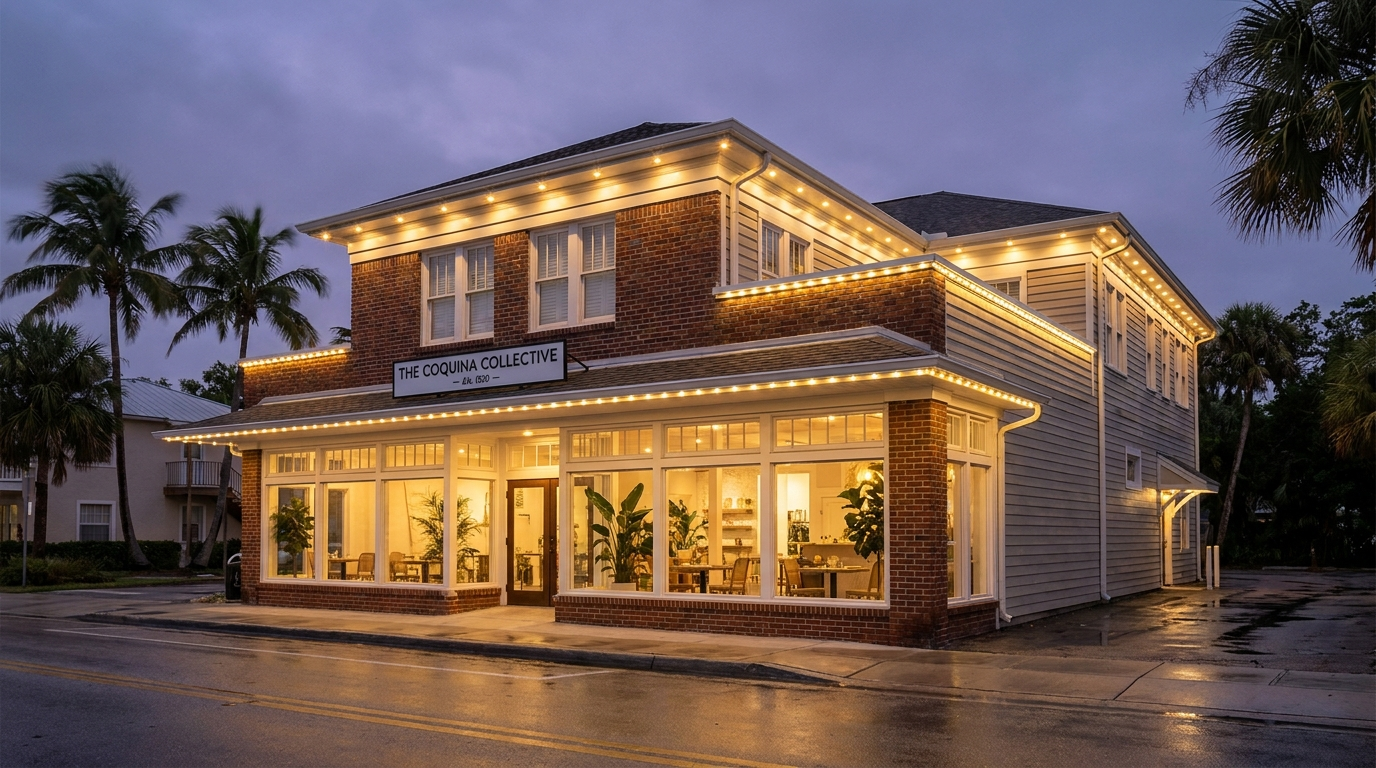 Small-town commercial building with permanent LED roofline lighting glowing warm at dusk